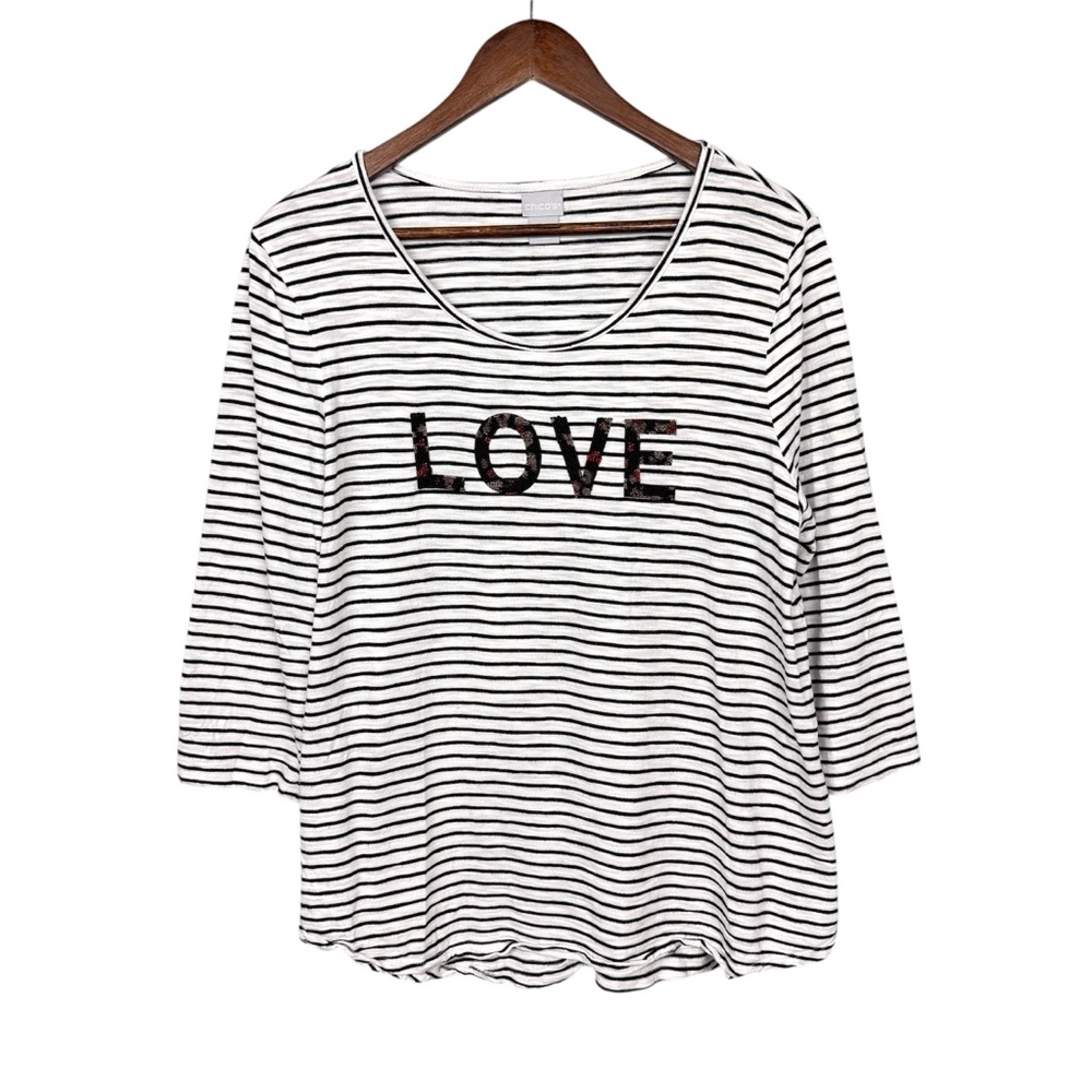 Chico's Love Beaded Striped Long Sleeve Top